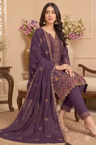 Wine heavy embroidery kurti set with scallop border dupatta | festive designer suit