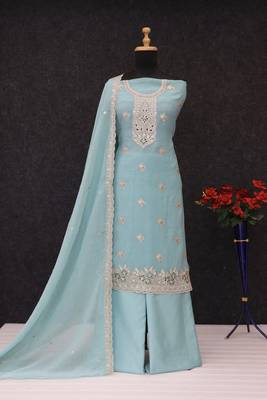 Sky blue embroidered unstitched silk blend  suit material with heavy neck & border mirror work dupatta set 4