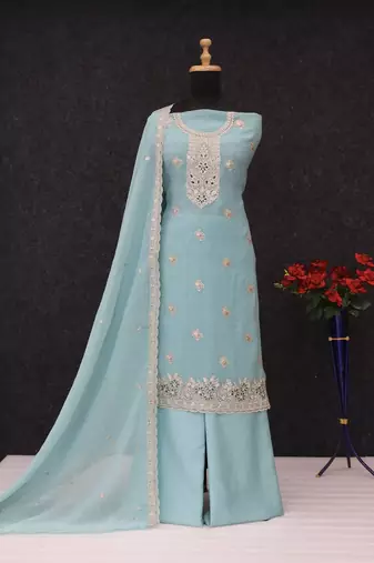 Sky blue embroidered unstitched silk blend  suit material with heavy neck & border mirror work dupatta set