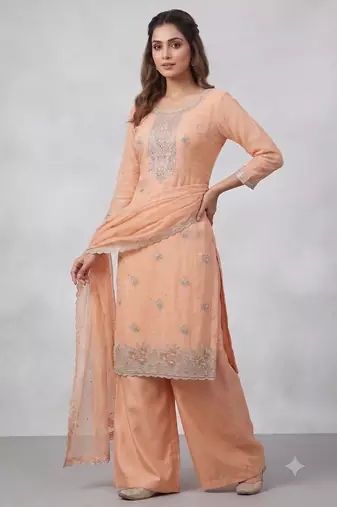 Orange embroidered unstitched silk blend  suit material with heavy neck & border mirror work dupatta set