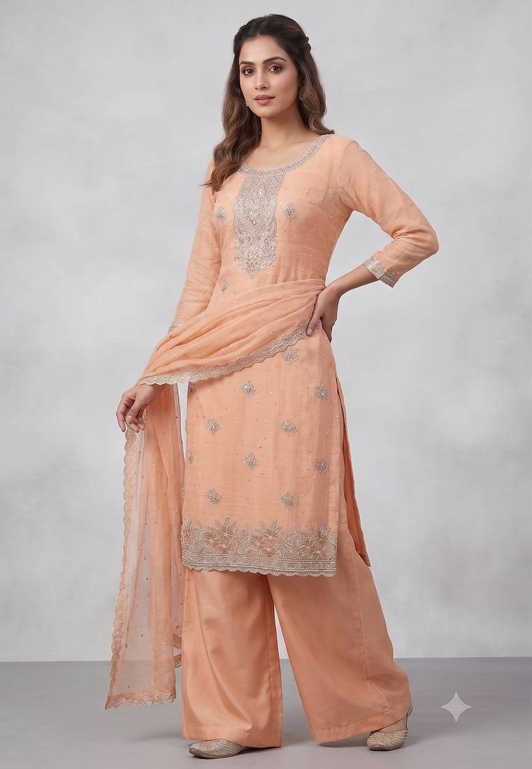 Orange embroidered unstitched silk blend  suit material with heavy neck & border mirror work dupatta set