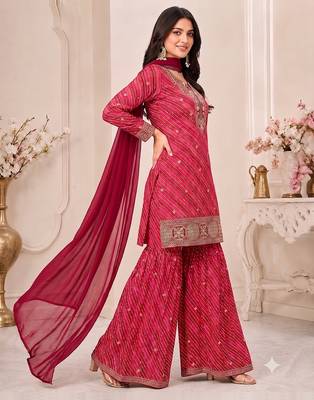 Red leheriya print embroidered georgette kurta set with dupatta 2