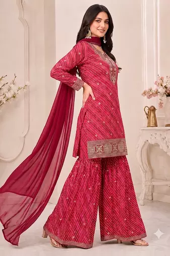 Red leheriya print embroidered georgette kurta set with dupatta