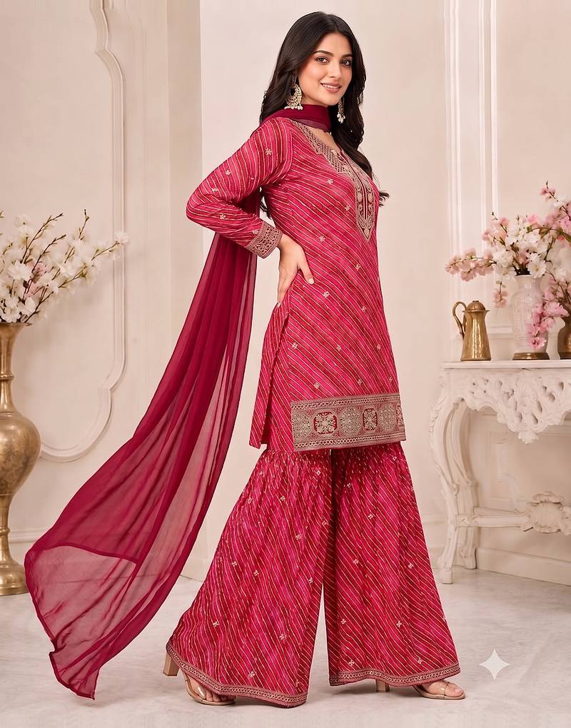 Red leheriya print embroidered georgette kurta set with dupatta