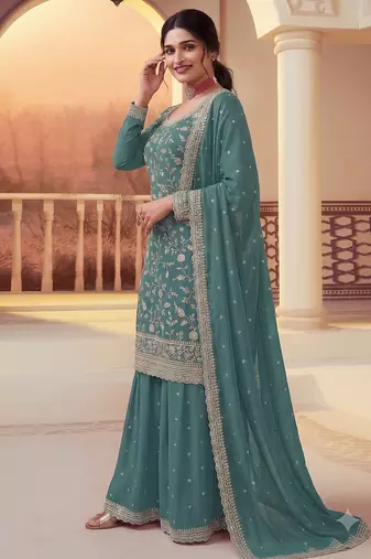 Teal heavy sequins & embroidery dress material with scalloped border dupatta