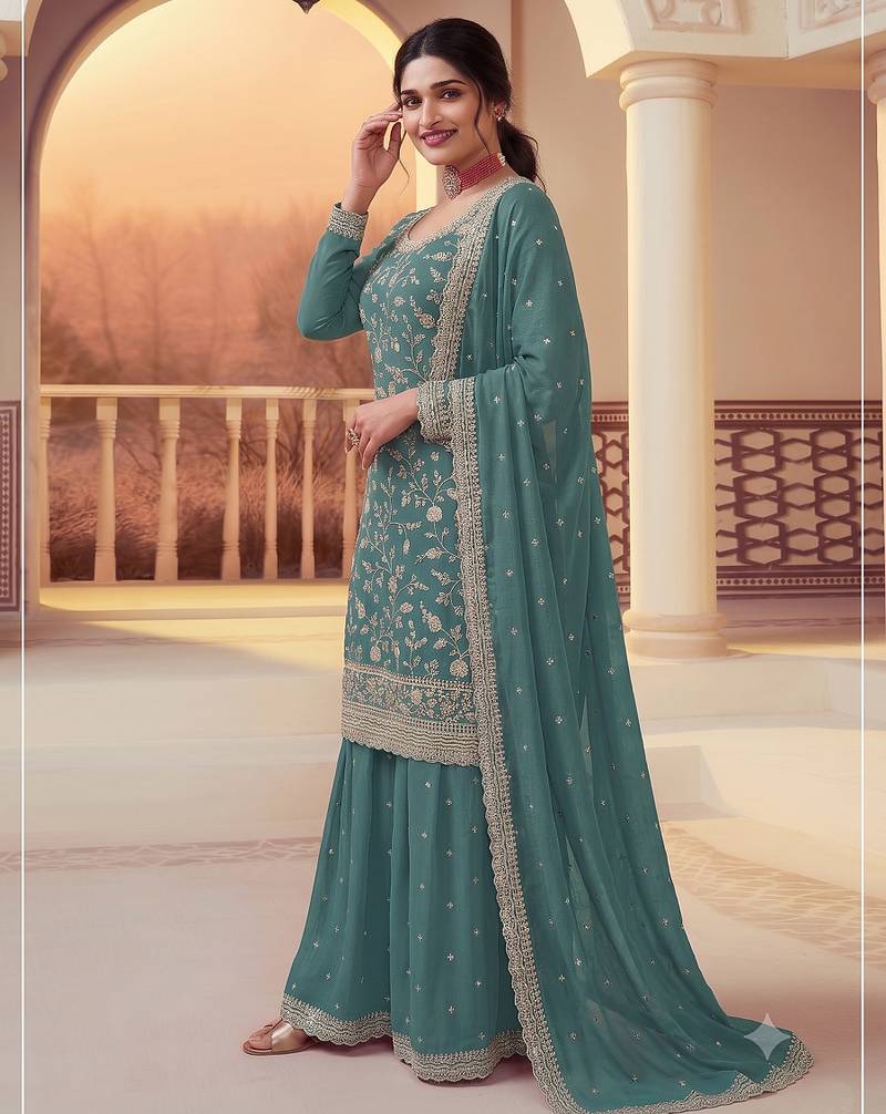 Teal heavy sequins & embroidery dress material with scalloped border dupatta