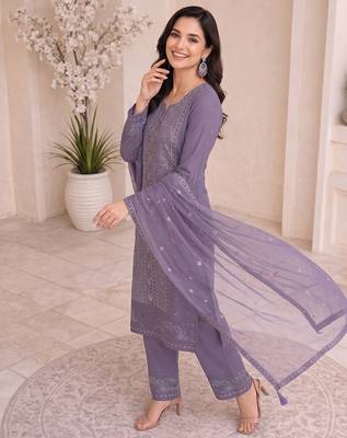 Elegant lavender purple  fancy sequins embroidery dress material set 3