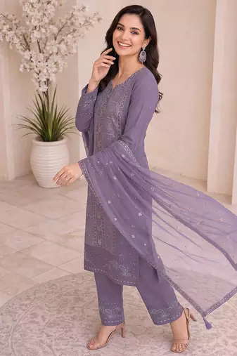 Elegant lavender purple  fancy sequins embroidery dress material set