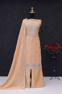 Orange embroidered unstitched silk blend  suit material with heavy neck & border mirror work dupatta set 4