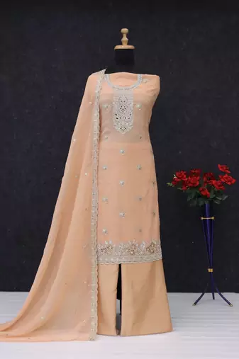 Orange embroidered unstitched silk blend  suit material with heavy neck & border mirror work dupatta set