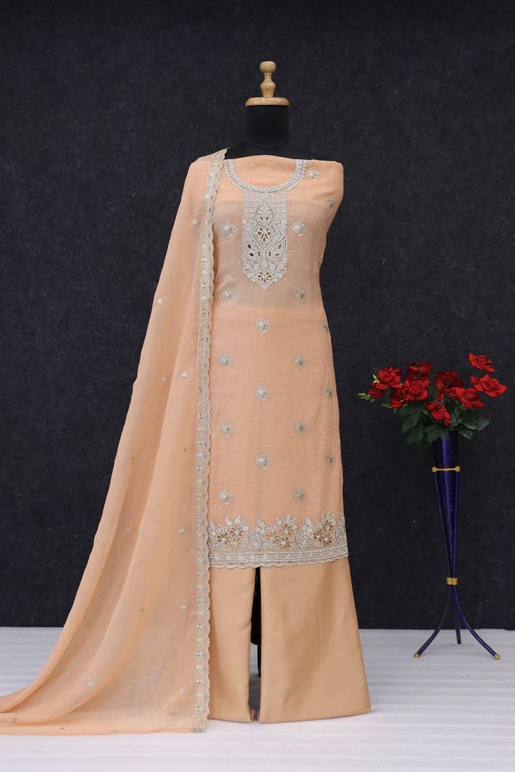 Orange embroidered unstitched silk blend  suit material with heavy neck & border mirror work dupatta set