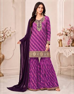 Pink  leheriya print embroidered georgette kurta set with dupatta 1