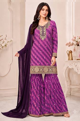 Pink  leheriya print embroidered georgette kurta set with dupatta