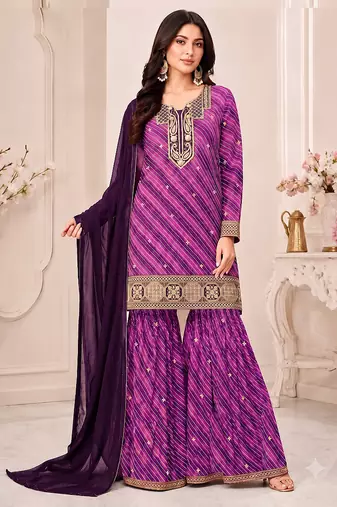 Pink  leheriya print embroidered georgette kurta set with dupatta