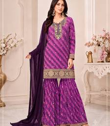 Pink  leheriya print embroidered georgette kurta set with dupatta