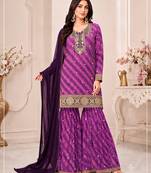 Pink  leheriya print embroidered georgette kurta set with dupatta