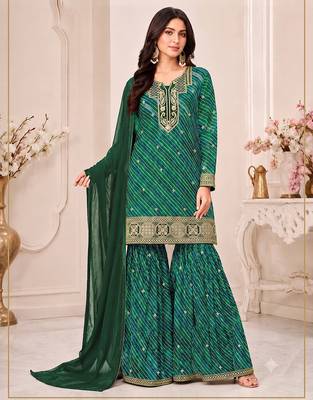 Green leheriya print embroidered georgette kurta set with dupatta 1