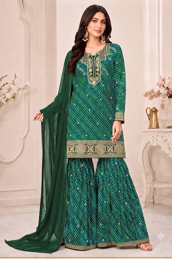 Green leheriya print embroidered georgette kurta set with dupatta