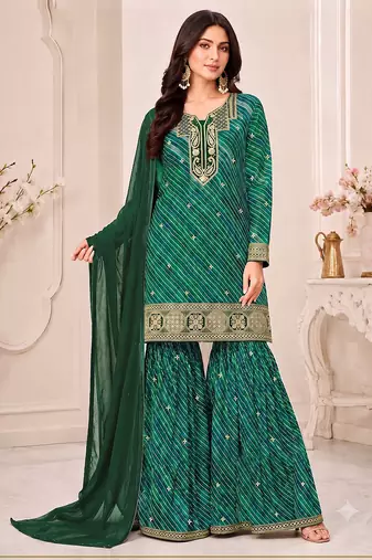 Green leheriya print embroidered georgette kurta set with dupatta
