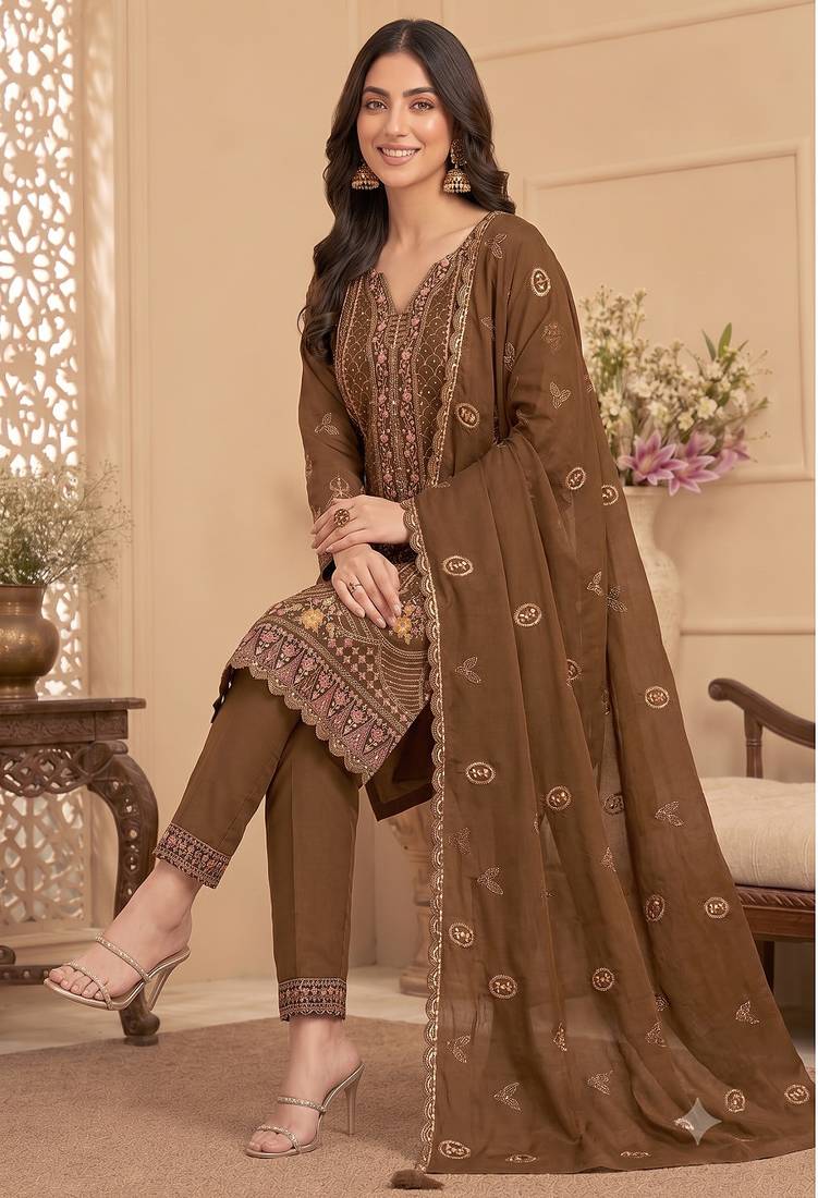 Mehendi heavy embroidery kurti set with scallop border dupatta | festive designer suit