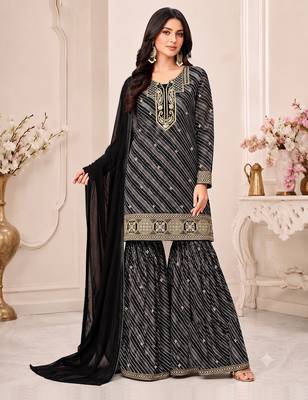 Black leheriya print embroidered georgette kurta set with dupatta 1