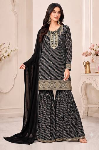 Black leheriya print embroidered georgette kurta set with dupatta