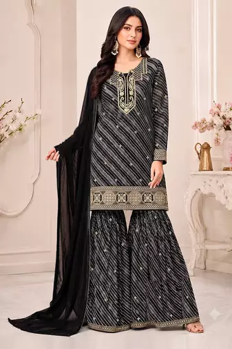 Black leheriya print embroidered georgette kurta set with dupatta