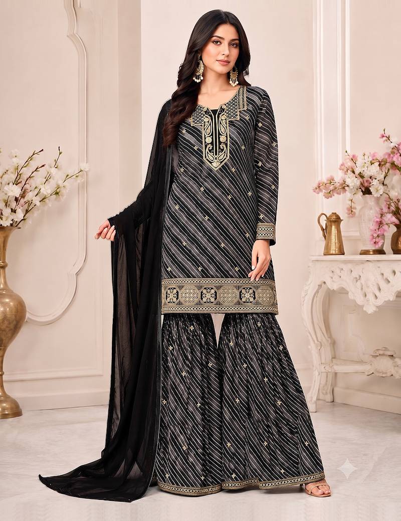 Black leheriya print embroidered georgette kurta set with dupatta