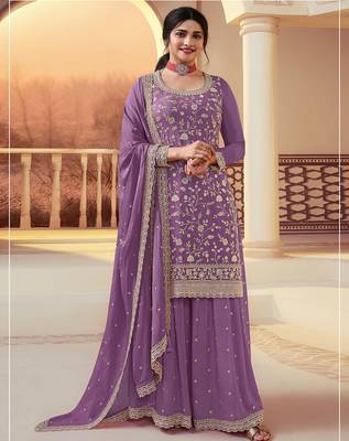 Lavender heavy sequins & embroidery dress material with scalloped border dupatta 1
