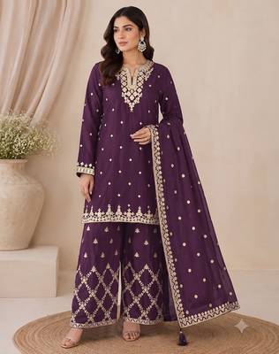 Designer wine color zari work pakistani suit piece with heavy border dupatta for women 1