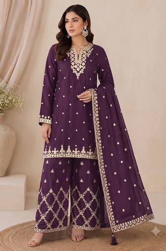 Designer wine color zari work pakistani suit piece with heavy border dupatta for women
