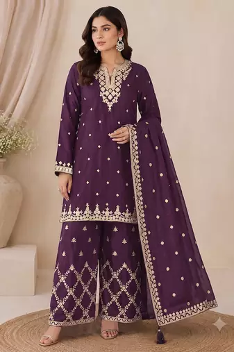 Designer wine color zari work pakistani suit piece with heavy border dupatta for women