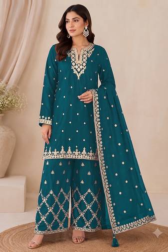 Designer teal color zari work pakistani suit piece with heavy border dupatta for women