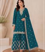 Designer teal color zari work pakistani suit piece with heavy border dupatta for women