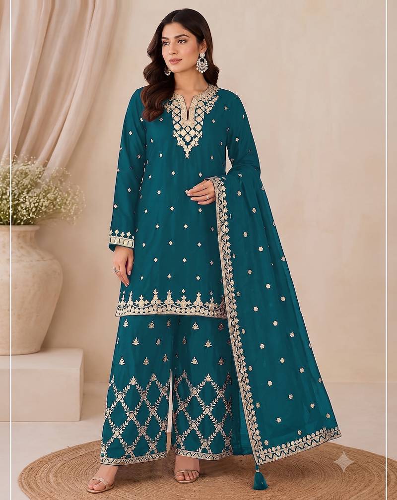 Designer teal color zari work pakistani suit piece with heavy border dupatta for women
