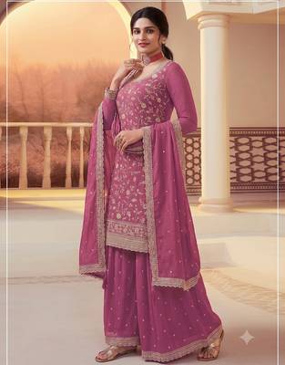 Pink heavy sequins & embroidery dress material with scalloped border dupatta 2