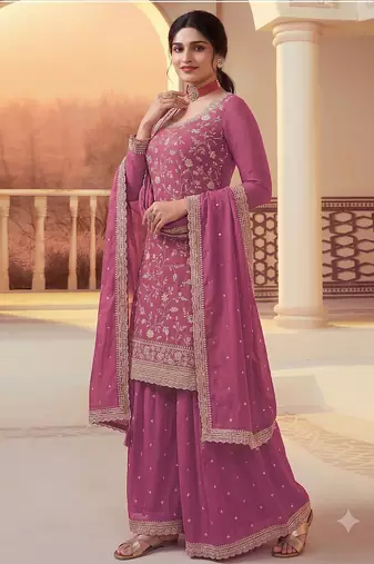 Pink heavy sequins & embroidery dress material with scalloped border dupatta