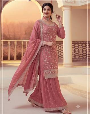 Peach heavy sequins & embroidery dress material with scalloped border dupatta 2
