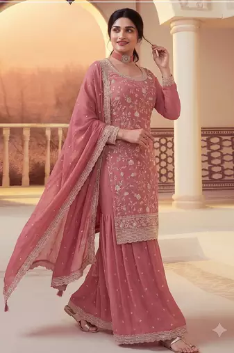 Peach heavy sequins & embroidery dress material with scalloped border dupatta