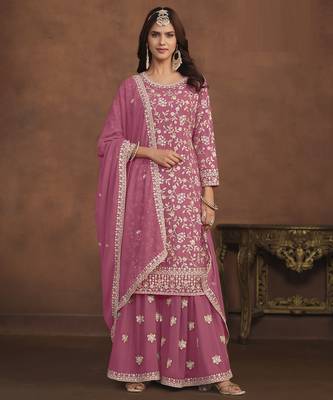 charming pink embroidered georgette sharara salwar suit 1