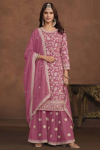 charming pink embroidered georgette sharara salwar suit