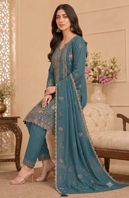 Teal blue heavy embroidery kurti set with scallop border dupatta | festive designer suit 2