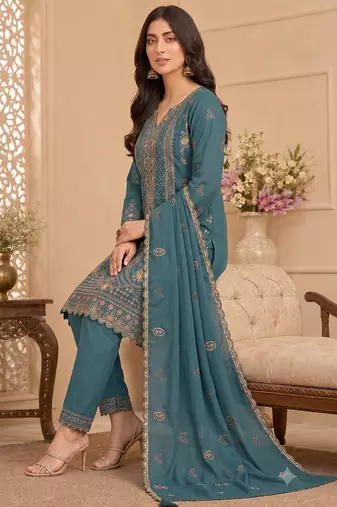 Teal blue heavy embroidery kurti set with scallop border dupatta | festive designer suit