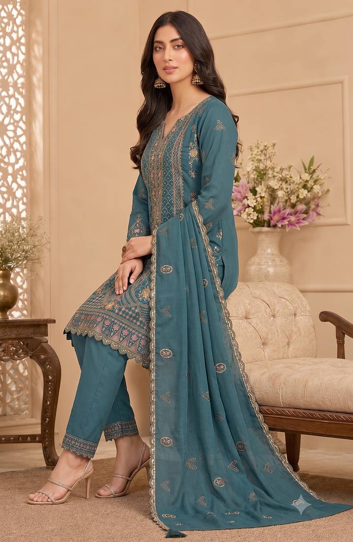 Teal blue heavy embroidery kurti set with scallop border dupatta | festive designer suit