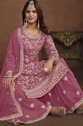 charming pink embroidered georgette sharara salwar suit