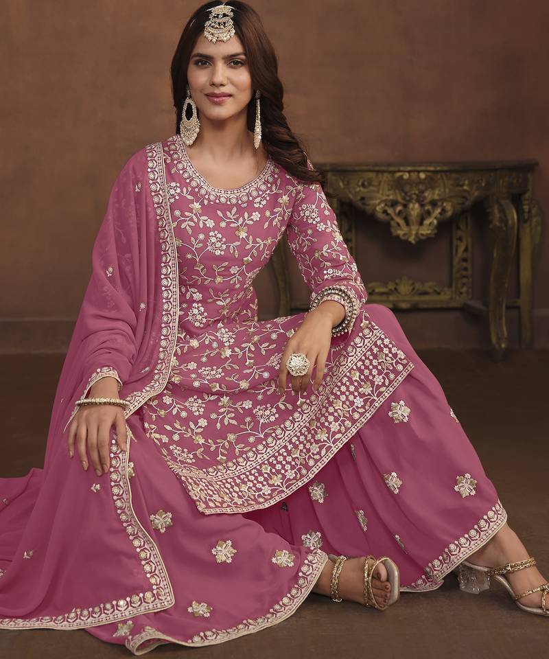 charming pink embroidered georgette sharara salwar suit