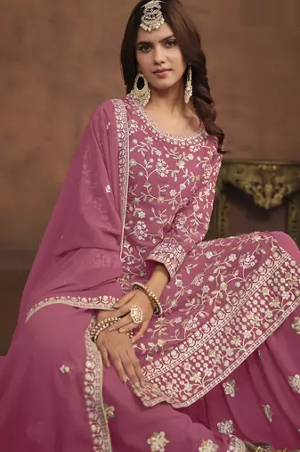 charming pink embroidered georgette sharara salwar suit