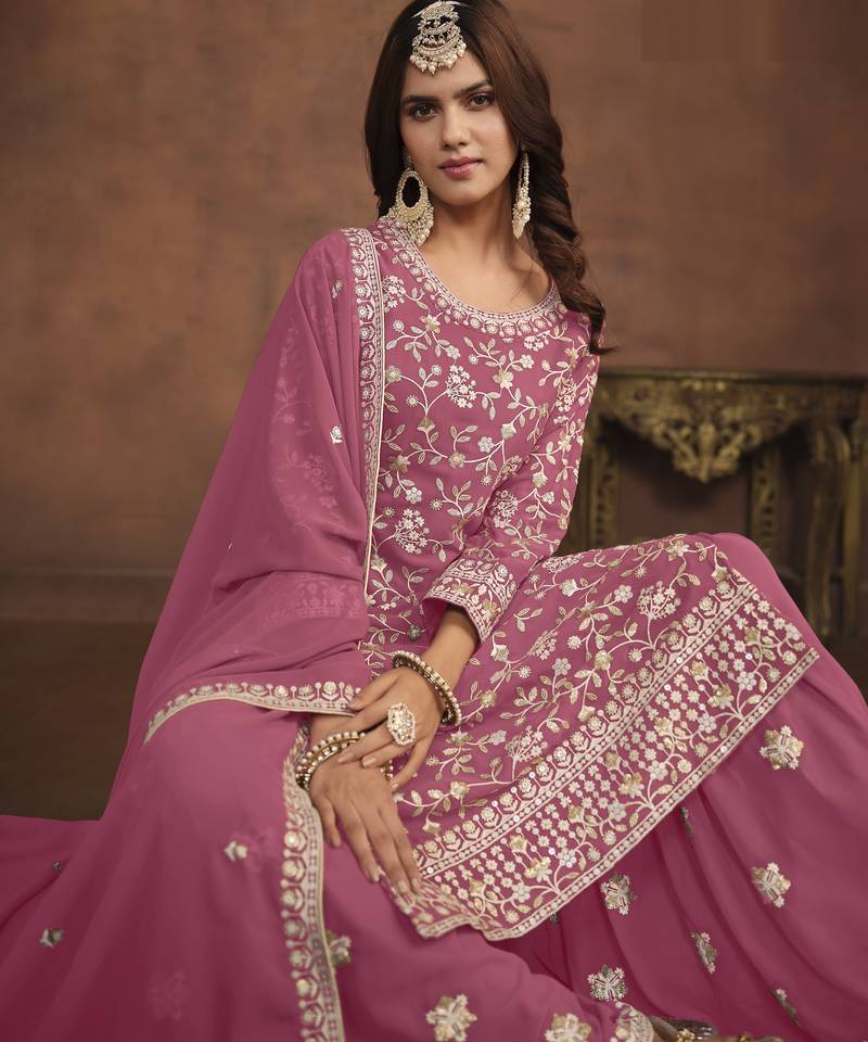 charming pink embroidered georgette sharara salwar suit