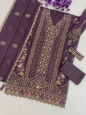 Wine heavy embroidery kurti set with scallop border dupatta | festive designer suit 4