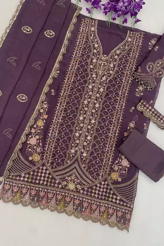 Wine heavy embroidery kurti set with scallop border dupatta | festive designer suit
